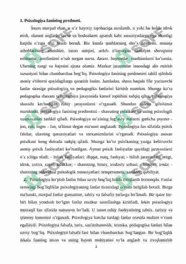 Psixologiya fanining maqsad va vazifalari va boshqa mavzular 2