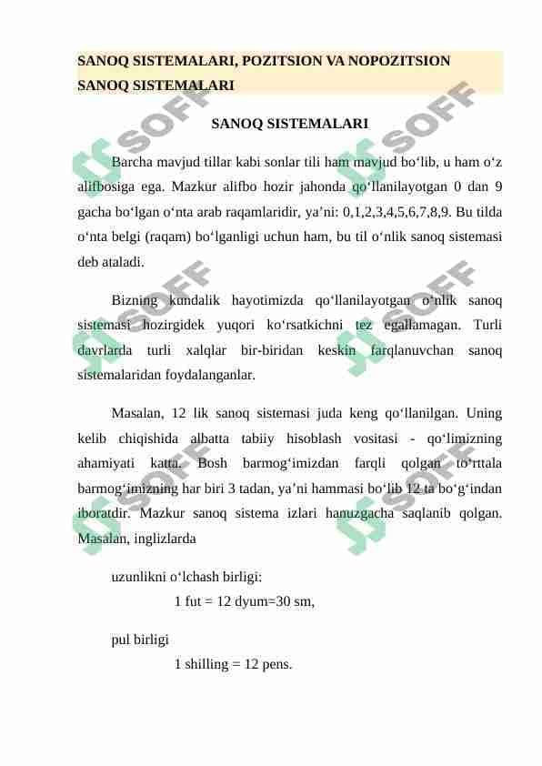 SANOQ SISTEMALARI, POZITSION VA NOPOZITSION SANOQ SISTEMALARI 1