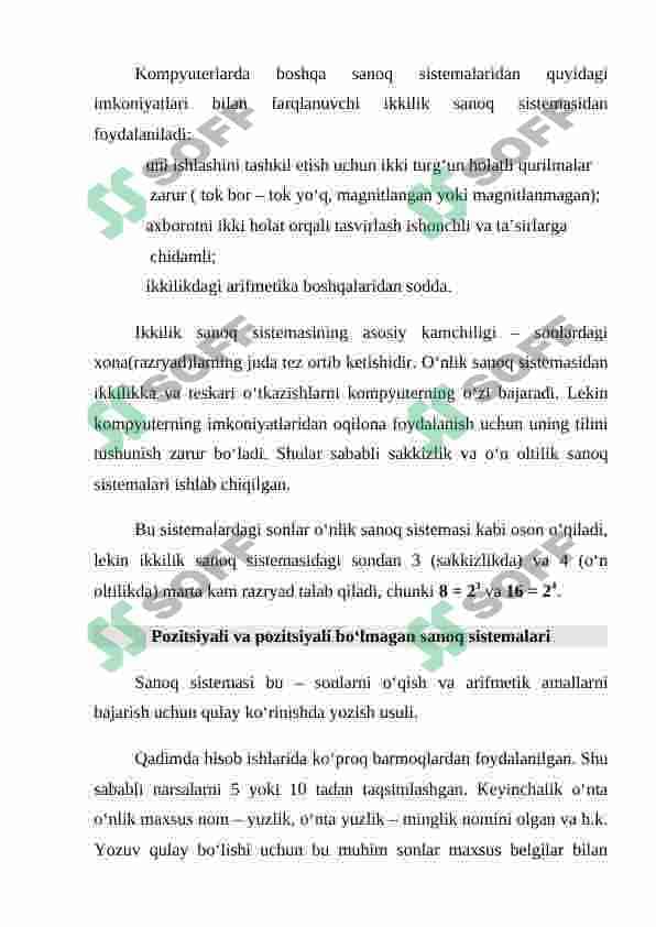 SANOQ SISTEMALARI, POZITSION VA NOPOZITSION SANOQ SISTEMALARI 3