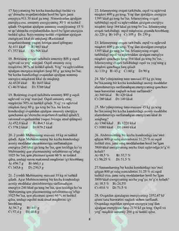 Biologiyadan masalalar kitobi 8