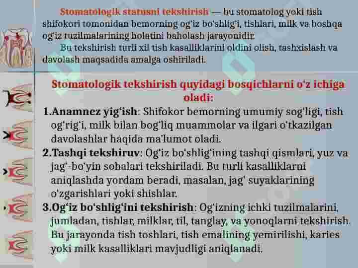 STOMATOLOGIK STATUSNI TEKSHIRISH USULLARI. STOMATOLOGIK KO’RSATKICHLAR VA JSST KRITERIYLARI 2
