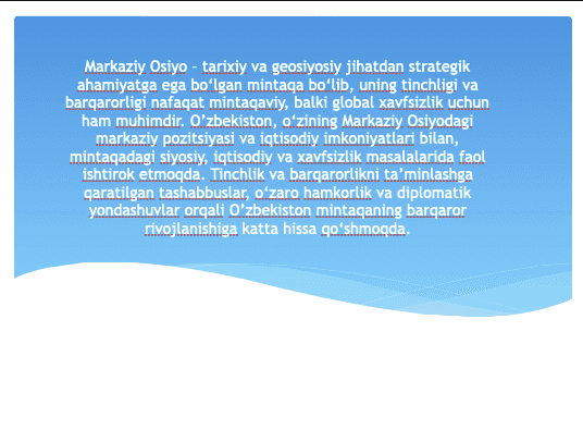 O'zbekistonning Markaziy Osiyoda tinchlik va barqarorlikni ta’minlashdagi o’rni 2