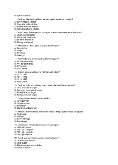Tarixdan testlar 2