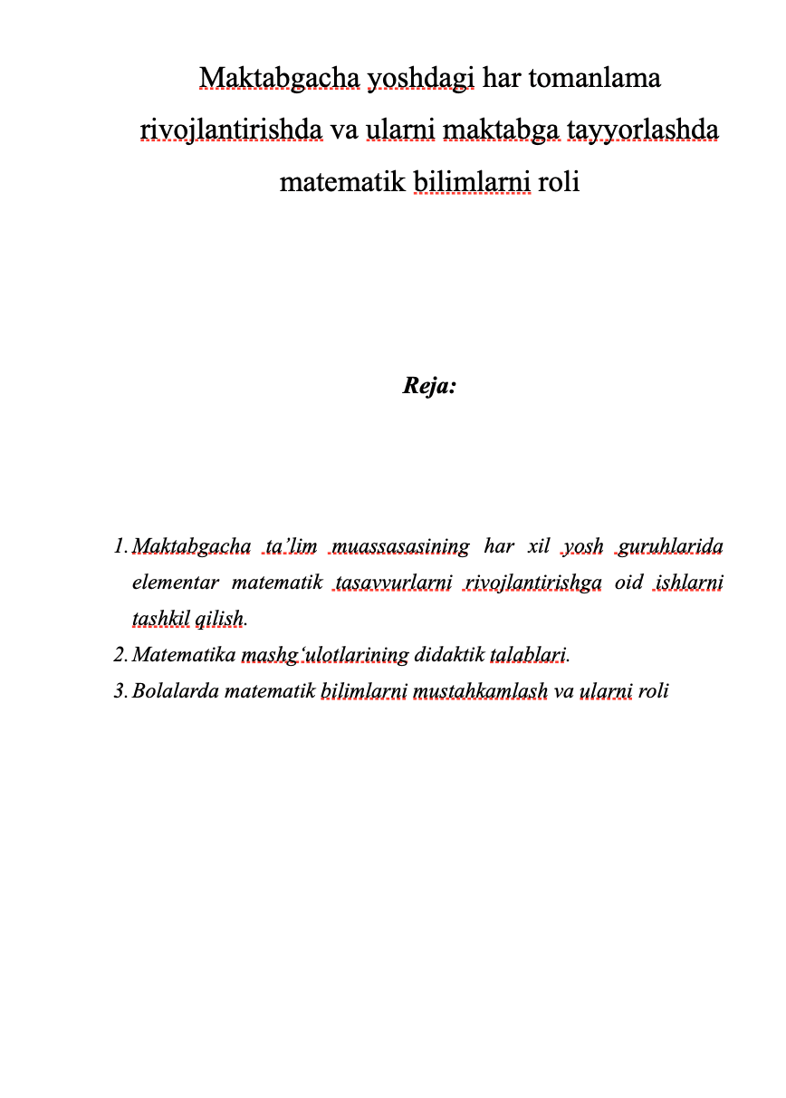 Maktabgacha yoshdagi har tomanlama rivojlantirishda va ularni maktabga tayyorlashda matematik bilimlarni roli 1