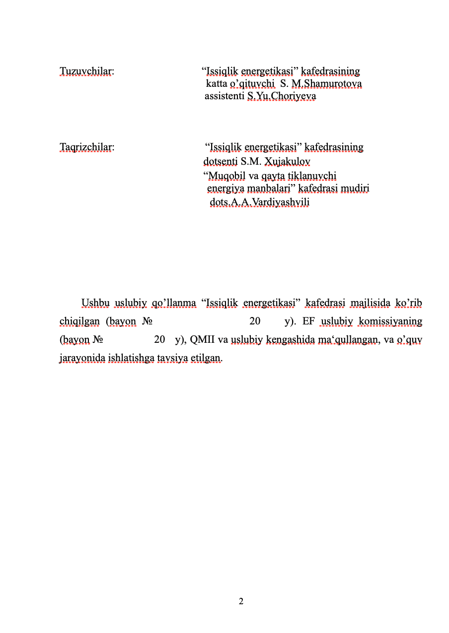 Uslubiy qo’llanma "Issiqlik ta’minoti va issiqlik tizimlari" fanidan kurs ishi 2