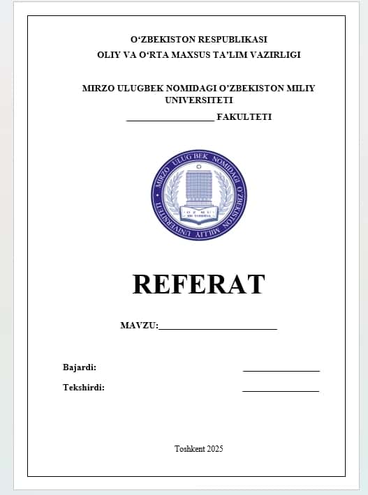 Referat yuzi uchun shablon Milliy Universitet logosi bilan 1