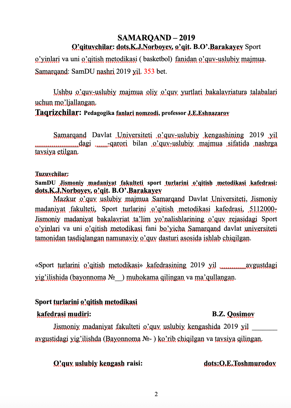 SPORT O’YINLARI VA UNI O’QITISH METODIKASI (Basketbol) fanidan 2