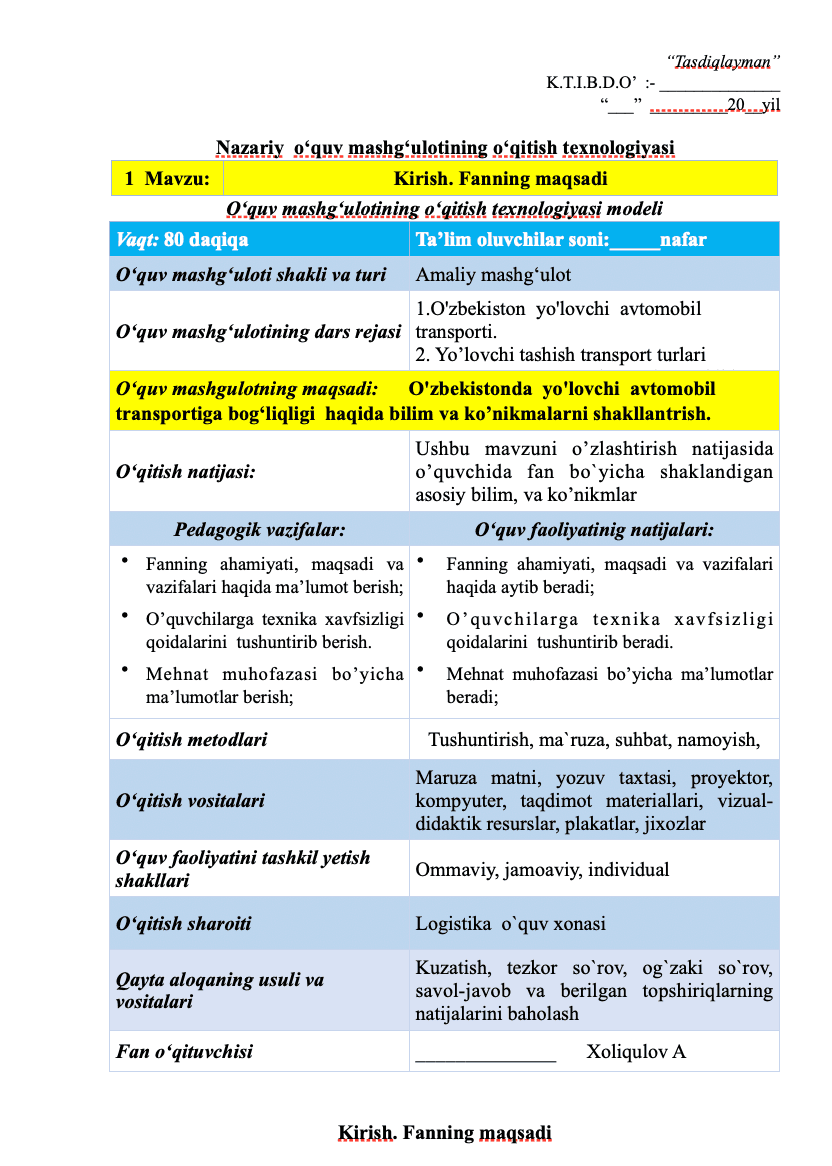O‘quv mashg‘ulotining o‘qitish texnologiyasi 1