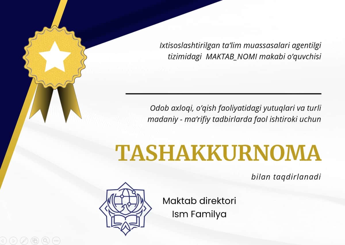 Tashakkurnoma | Ixtisoslashtirilgan maktablar tashakkurnoma 1