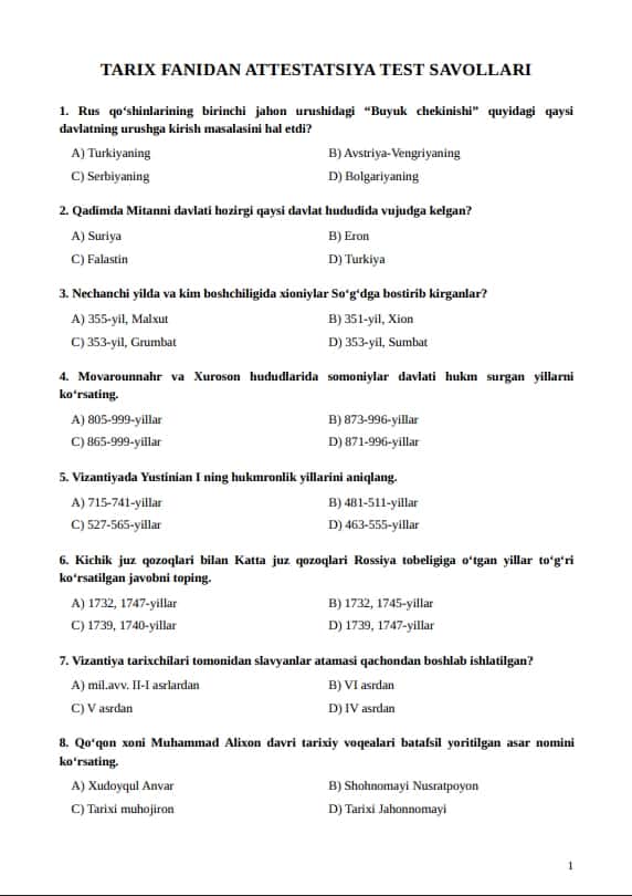 Tarix fanidan attestatsiya testlari 1