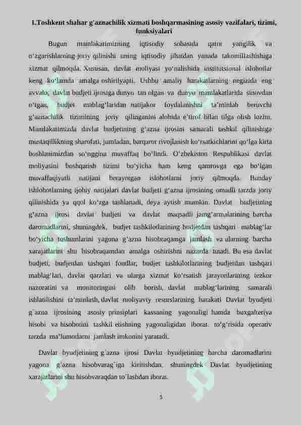 Toshkent shahar g'aznachilik xizmati boshqarmasining asosiy vazifalari, tizimi, funksiyalari 5