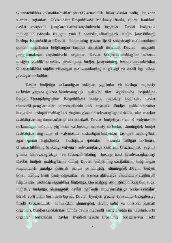 Toshkent shahar g'aznachilik xizmati boshqarmasining asosiy vazifalari, tizimi, funksiyalari 7