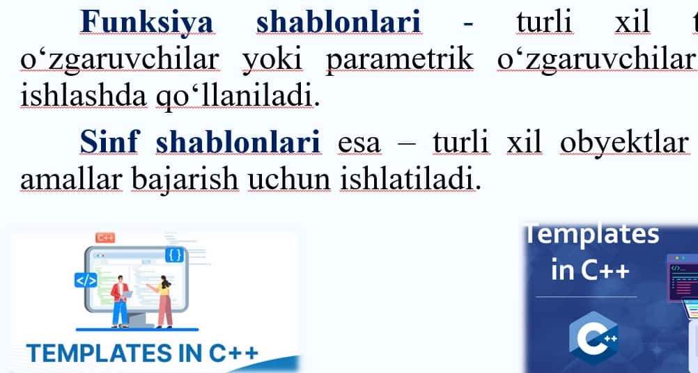 Sinf va funksiyalar shablonlari.  Sinf va funksiyalar shablonlarini dasturlash. 2