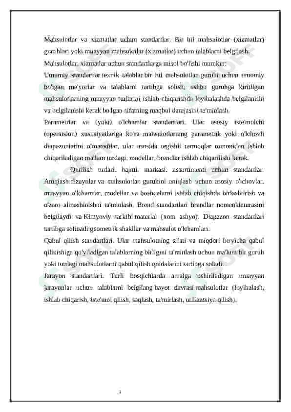 Standart, ularning turlari, ishlab chiqish tartiblari, tasdiqlanishi va ro’yxatdan o’tkazish tartib qoidalarini o’rganish 3