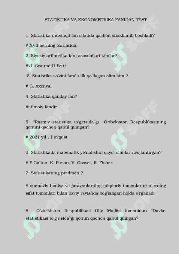 STATISTIKA VA EKONOMETRIKA FANIDAN 100 ta savolga javob