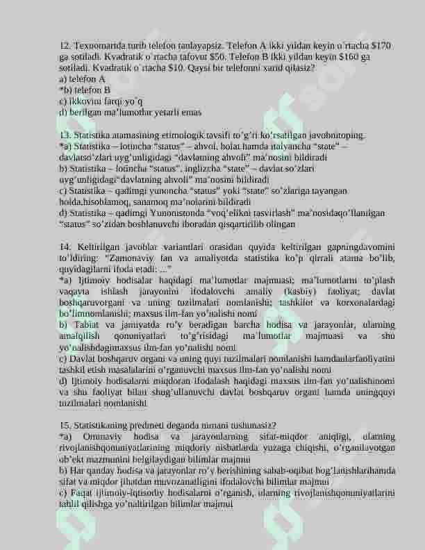 Statistika fanidan 150 talik test, javoblari bilan 3