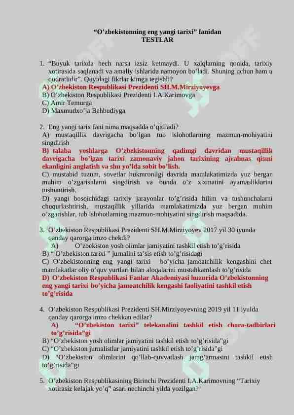 O'zbekistonning eng yangi tarixi fanidan 150 talik test javoblari bilan
