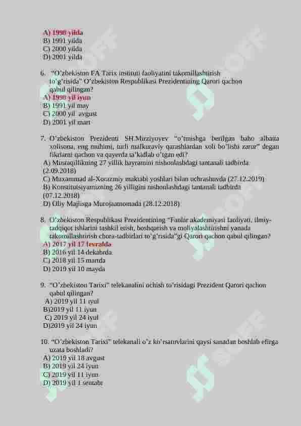 O'zbekistonning eng yangi tarixi fanidan 150 talik test javoblari bilan 2