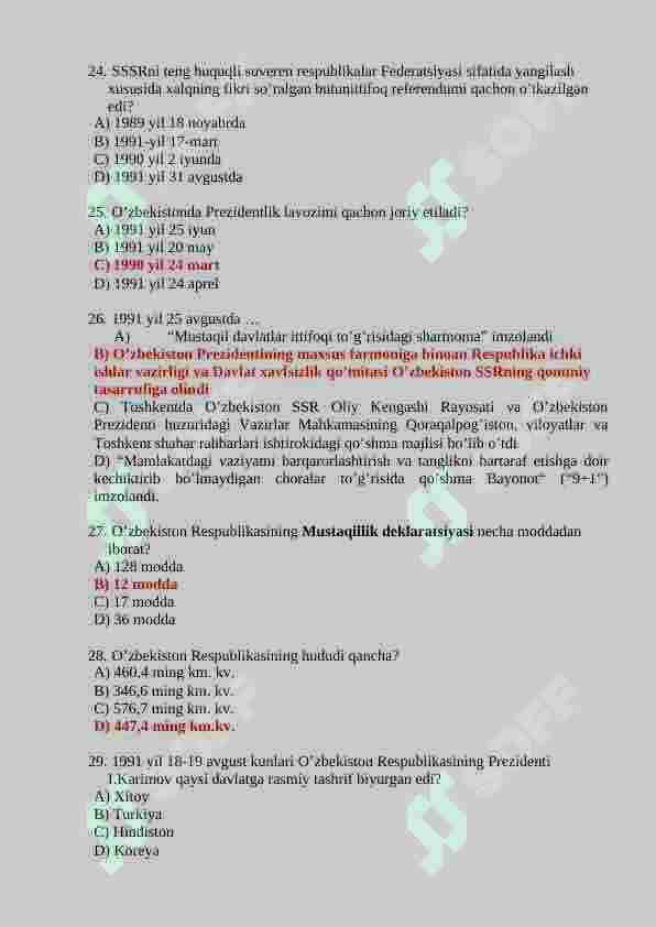 O'zbekistonning eng yangi tarixi fanidan 150 talik test javoblari bilan 5