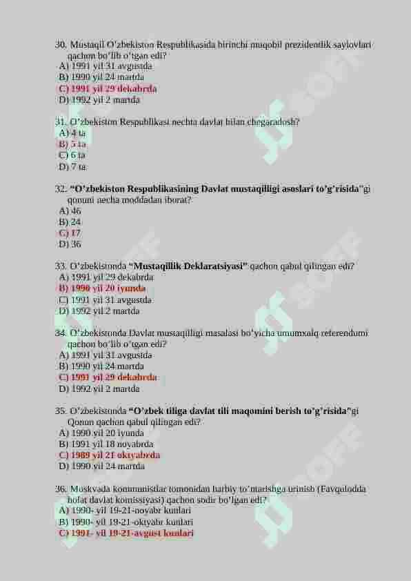 O'zbekistonning eng yangi tarixi fanidan 150 talik test javoblari bilan 6
