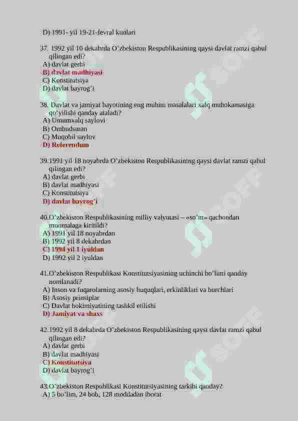 O'zbekistonning eng yangi tarixi fanidan 150 talik test javoblari bilan 7