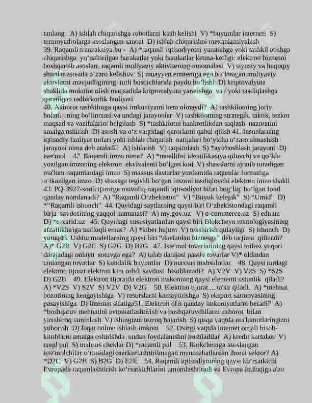 Raqamli iqtisodiyot fanidan 100 talik test savollari javoblari bilan 4