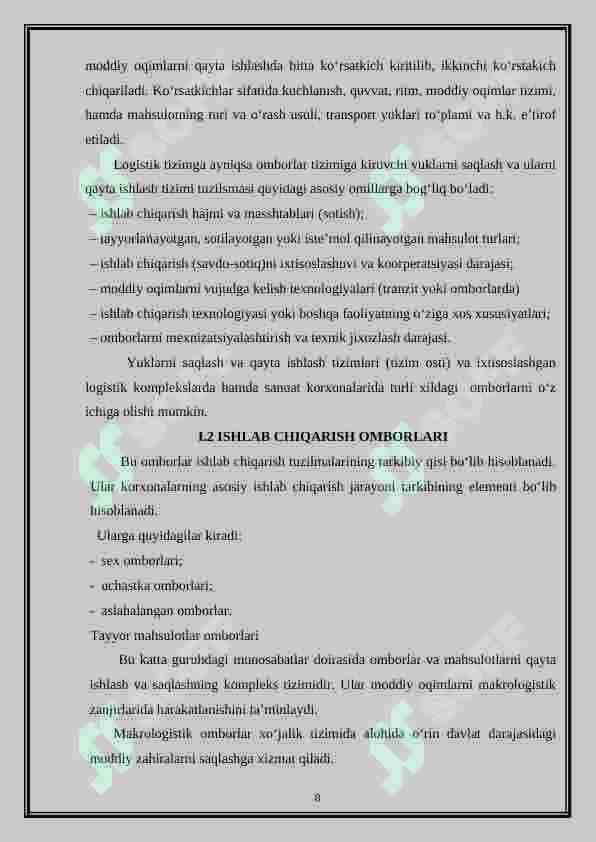TRANSPORT OMBORLARIDA ORTISH-TUSHIRISH TIZIMINI SHAKLLANTIRISH 8