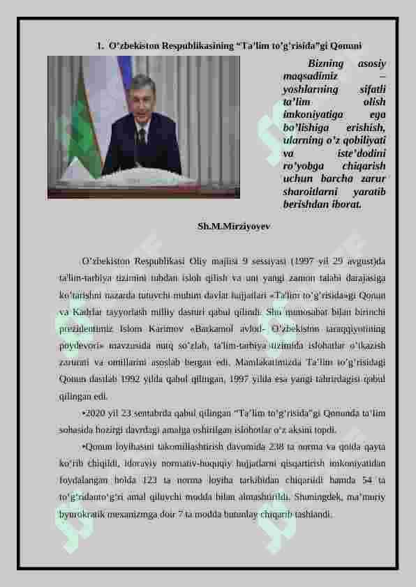 O’zbekiston Respublikasi “ Ta’lim to’g’risida”gi Qonunida pedagog hodimlarning majburiyatlari 2
