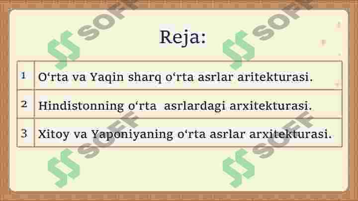 O'rta va Yaqin sharq o'rta asrlar aritekturasi. Hindistonning o‘rta asrlardagi arxitekturasi. Xitoy va Yaponiyaning o‘rta asrlar arxitekturasi. 2