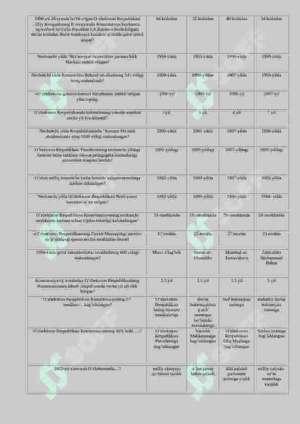 O'zbekistonning yangi tarixi fanidan 500 talik test. javoblari bilan 5