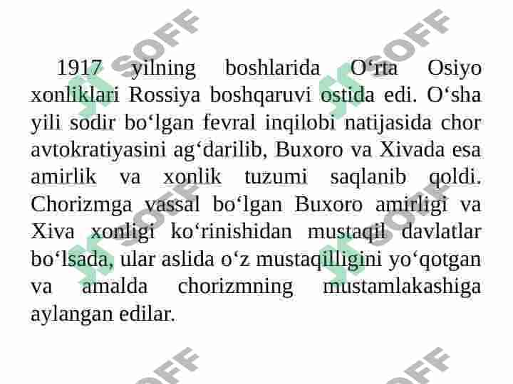 O‘rta Osiyoning chor Rossiyasi boshqaruvi davridagi  tarixiy geografiyasi. 1917-1924 yillarda Turkiston 6