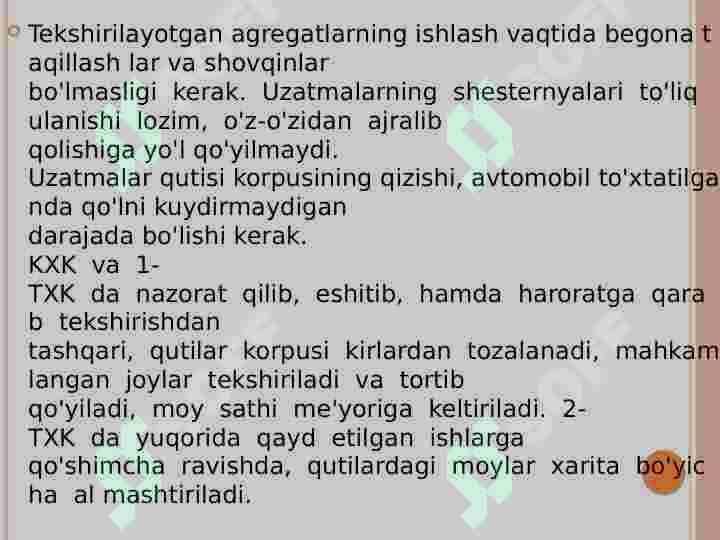Transmissiya agregatlarning asosiy nosozliklari va ularning alomatlari txk va t ishlari texnologiyasi 8