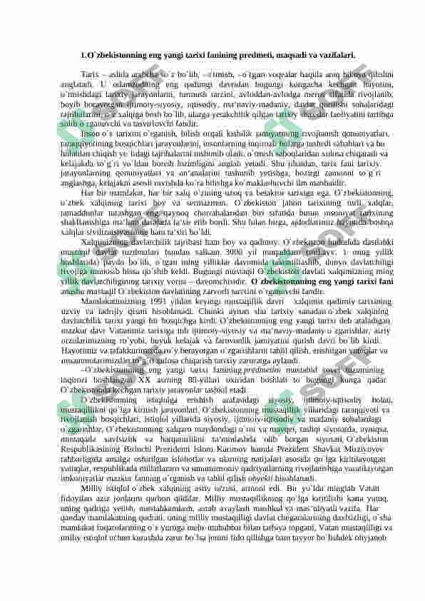 O`zbekistonning eng yangi tarixi fanining predmeti, maqsadi va vazifalari. 2