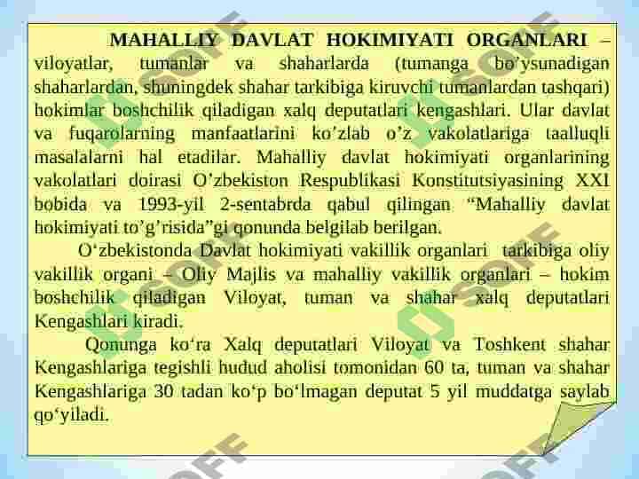 О‘ZBEKISTONDA HUQUQIY SIYOSIY ISLOHOTLARNING AMALGA OSHIRILISHI, DEMOKRATIK JAMIYATNI SHAKLLANTIRISH YО‘LIDAGI ISLOHOTLAR 8