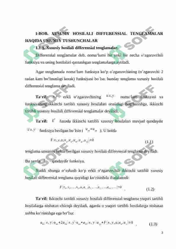 IKKINCHI  TARTIBLI XUSUSIY HOSILALI DIFFERENSIAL TENGLAMALARNING KLASSIFIKATSIYASI VA UNI KANONIK KO‘RINISHGA KELTIRISH MASALALARI 5