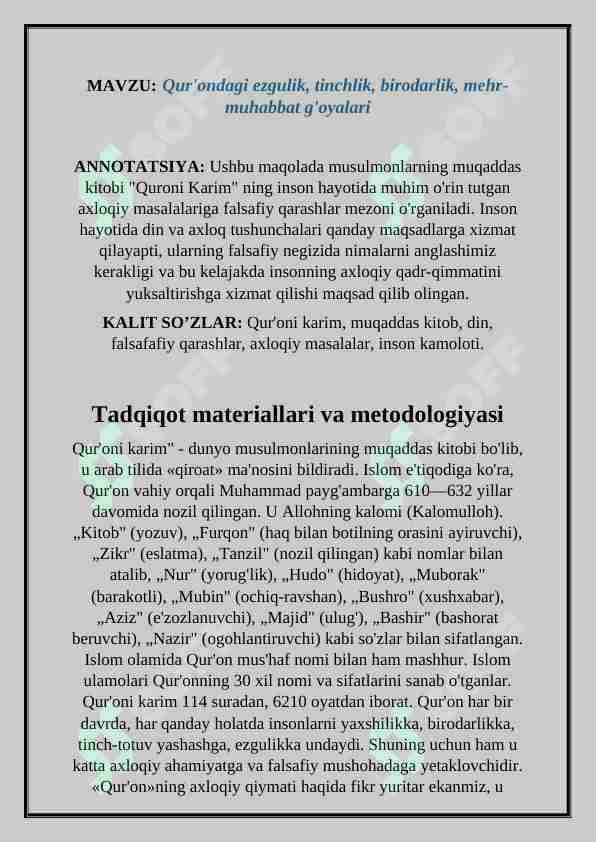 Qur'ondagi ezgulik, tinchlik, birodarlik, mehr-muhabbat g'oyalari