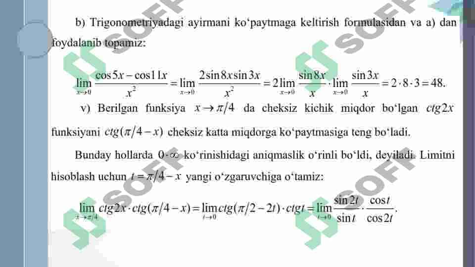 Funksiyaning uzluksizligi. Nuqtada uzluksiz bo‘lgan funksiyalarning xossalari. Funksiyaning uzilish nuqtalari va ularni klassifikatsiyalash. 7