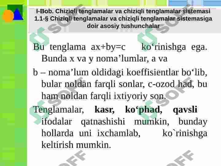 Algebraik tenglamalar sistemasi va ularni yechishni  elementar usullari Taqdimot 5