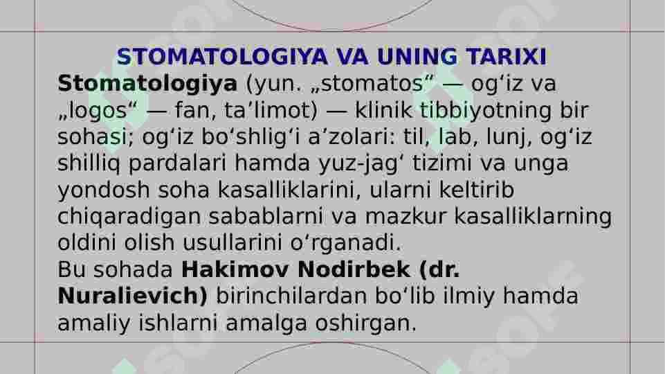 O‘ZBEKISTONDA STOMATOLOGIYANI RIVOJLANTIRISHGA HISSA QO‘SHGAN OLIMLAR. JARROHLIK STOMATOLOGIYASIDA BEMORLARNI TEKSHIRISH 3