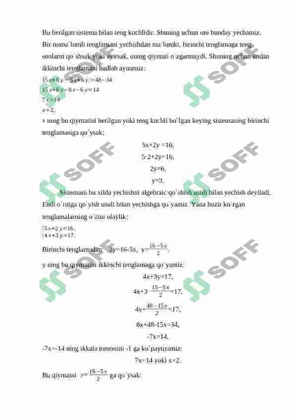 Algebraik tenglamalar sistemasi va ularni yechishni  elementar usullari 8