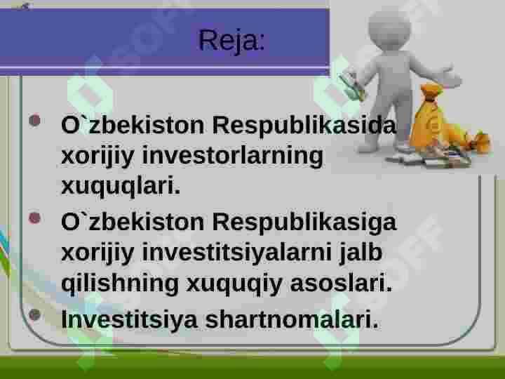 Xorijiy investitsiya huquqiy holatini o'ziga xos xususiyatlari 2