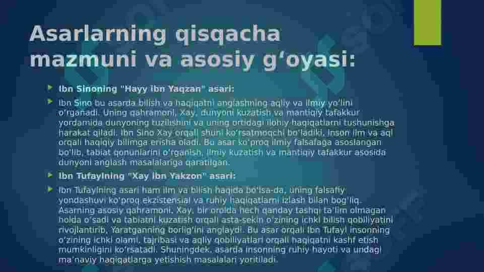 Ibn Tufayl va Ibn Sinoning “Xay ibn Yakzon o’g’li” risolasini qiysiy tahlil etish va esse tayyorlash. 4