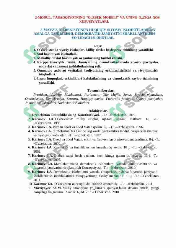 O`ZBEKISTONDA HUQUQIY SIYOSIY ISLOHOTLARNING AMALGA OSHIRILISHI, DEMOKRATIK JAMIYATNI SHAKLLANTIRISH YO`LIDAGI ISLOHOTLAR.