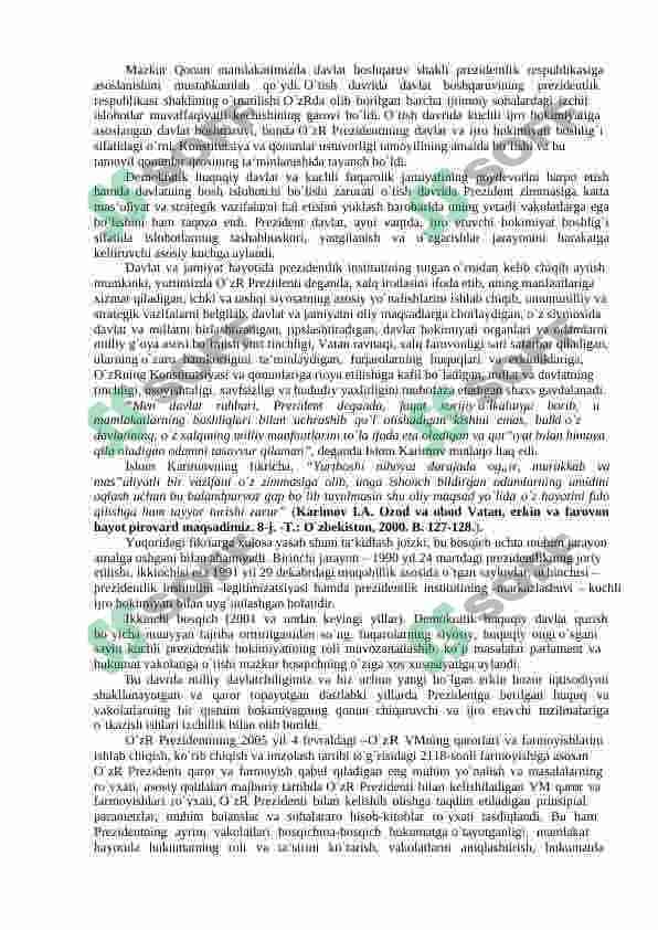 O`ZBEKISTONDA HUQUQIY SIYOSIY ISLOHOTLARNING AMALGA OSHIRILISHI, DEMOKRATIK JAMIYATNI SHAKLLANTIRISH YO`LIDAGI ISLOHOTLAR. 6