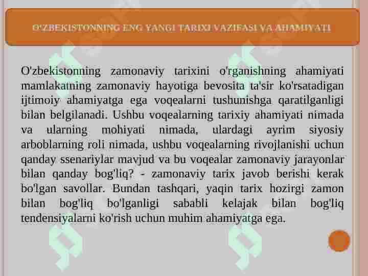 O‘ZBEKISTONNING ENG YANGI TARIXI O‘QUV FANINING PREDMETI, MAQSADI VA VAZIFALARI, NAZARIY-METODOLOGIK TAMOYILLARI 4