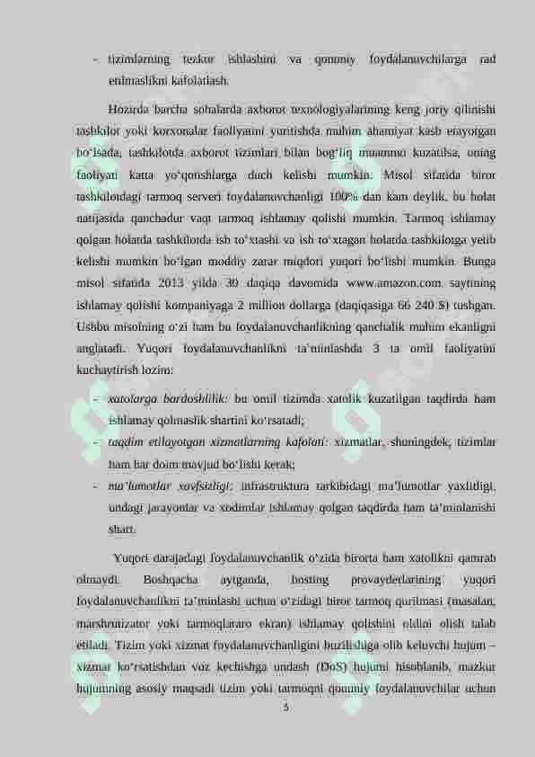 Axborotni foydalanuvchanligini ta’minlashda antivirus, IDS, IPS, TE vositalarining o‘rni. 5