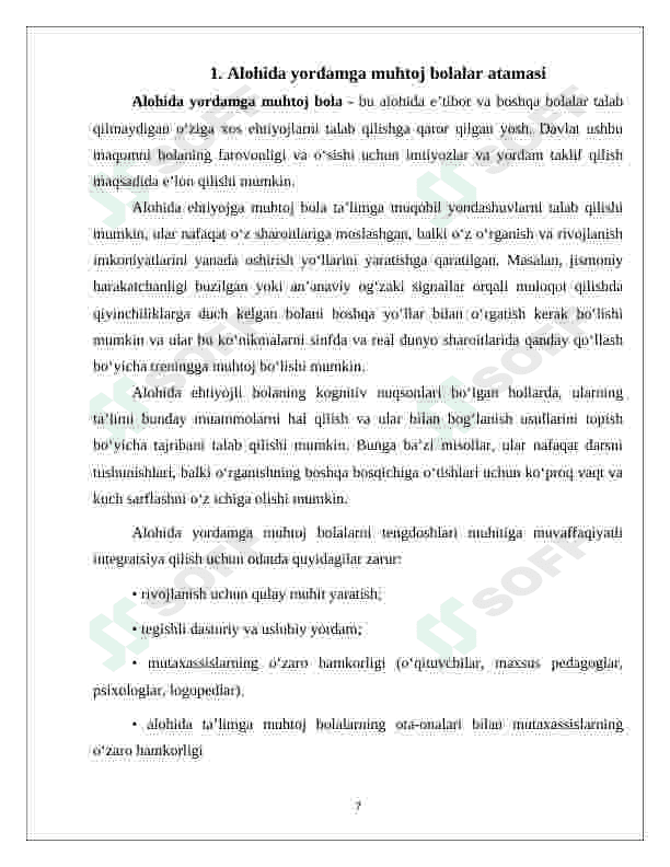 Alohida yordamga muhtoj bo‘lgan bolalar kamchiligini aniqlash, tashxis qo‘yish, maktabgacha ta’limga yo‘naltirish 7