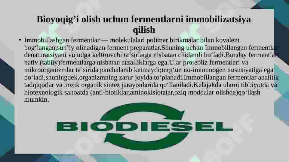 Immobillangan fermentlar ishtirokida bioyoqilg’i olish 4
