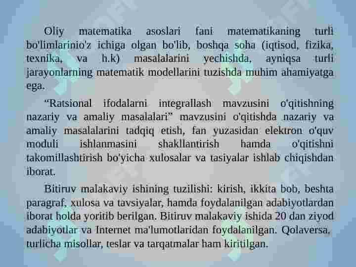 RATSIONAL IFODALARNI INTEGRALLASH MAVZUSINI O'QITISHNING NAZARIY VA AMALIY MASALALARI 3
