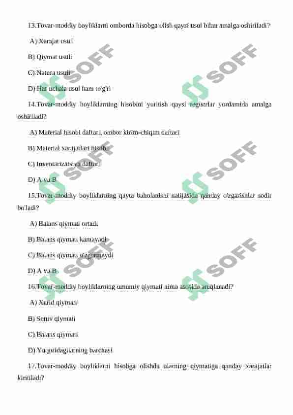 Tovar moddiy qiymatliklarning hisobi. Test-javob 4